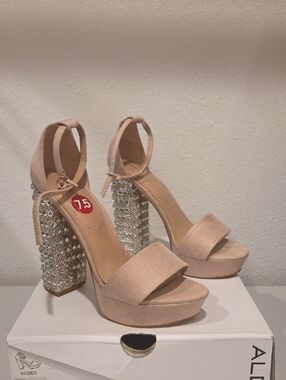ALDO Blush Suede Platform Sandals with Rhinestone Block Heels